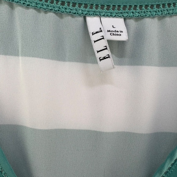 ELLE Tank Top Sz L Green White Stripes Front Floral Print Ladder Stitch neckline - Picture 4 of 6